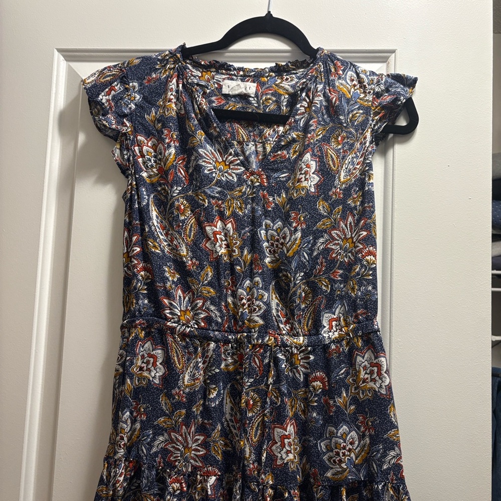 Anthropologie Velvet Brand Navy Floral Tiered Mini Dress With Floral Accents